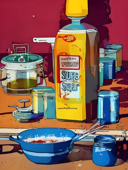 A kitchen table with cooking equipment to make sugar sryup