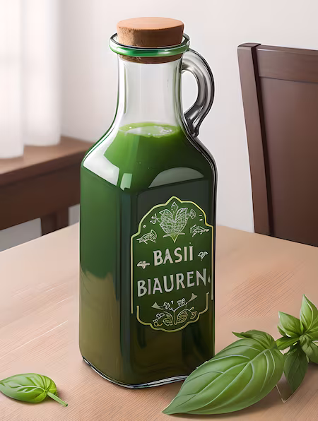 Bottle on table filled with green basil syrup