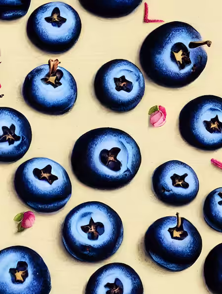 Dozen of blueberries and flower petals on table