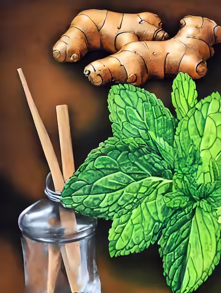 Ginger mint leafs on brown background and glass filled with sticks
