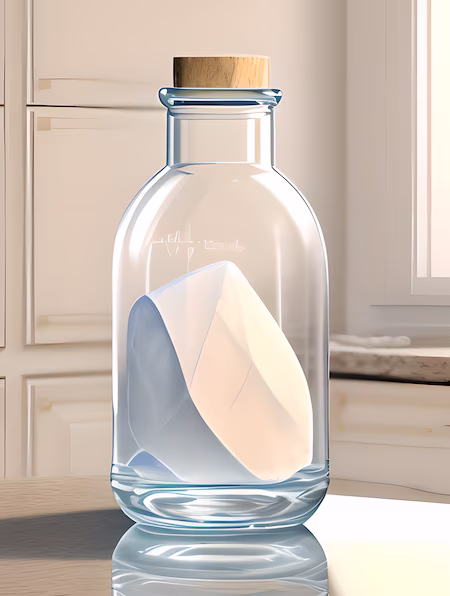 Glass bottle filled with salt rocks on a table