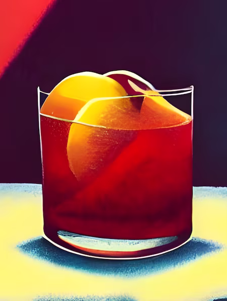 Tumbler filled with red liquid and fruits sitting on a stone