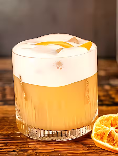 Yellow liquid in a glass tumbler with frothy foam on top dried orange aside