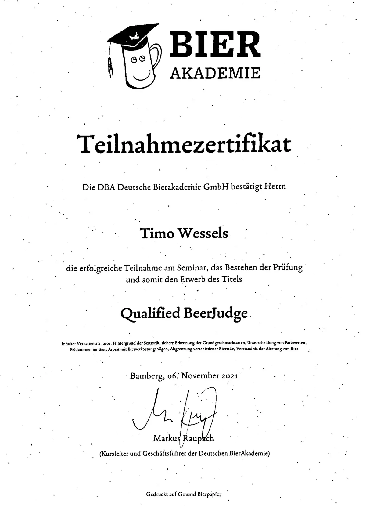 Certificate: Qualified BeerJudge, Deutsche Bierakademie, 2021