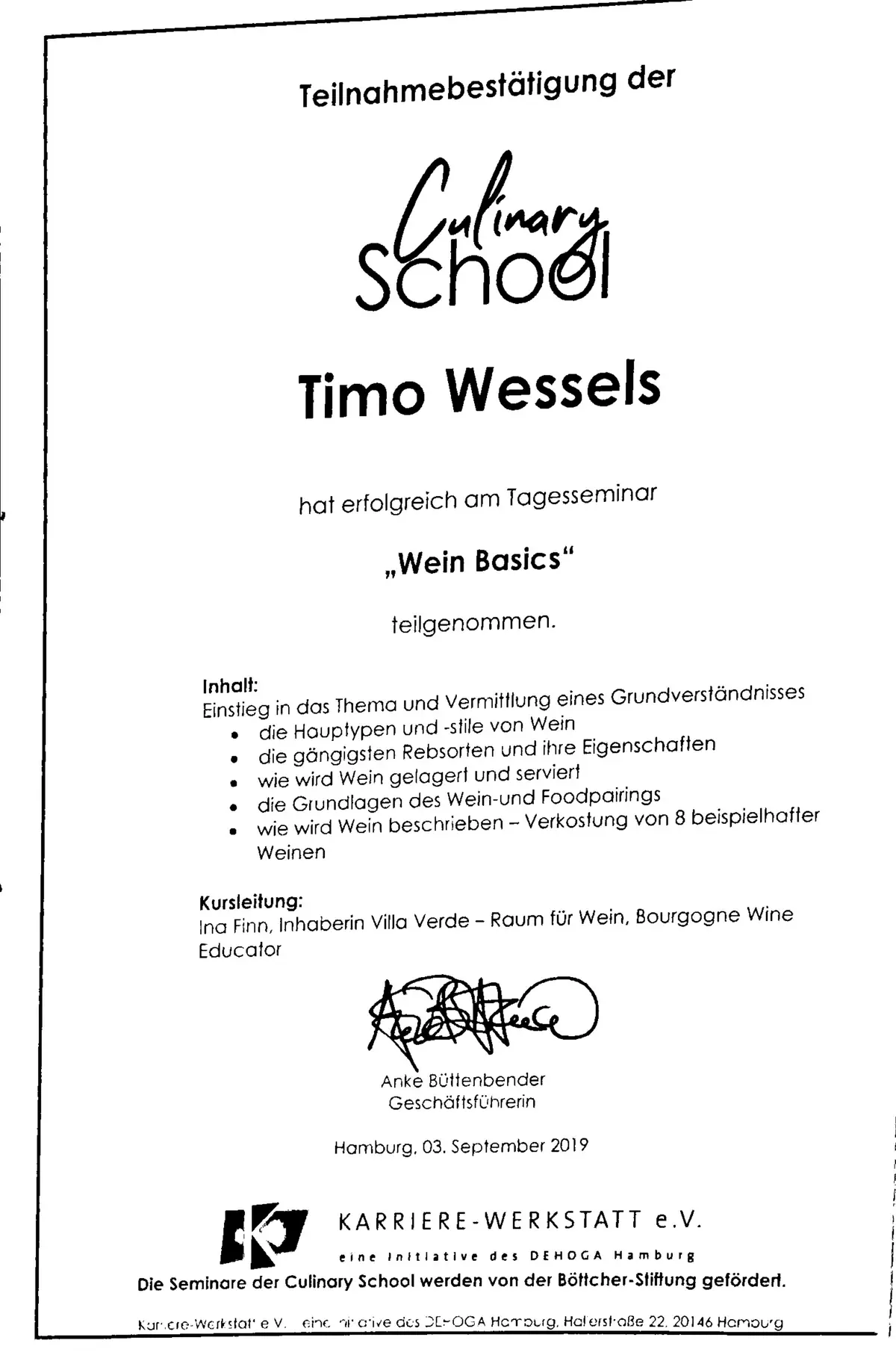 Confirmation: Wine Basics seminar, Culinary School Hamburg, 2019