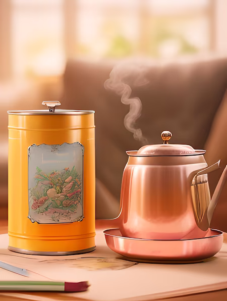 Tea Box And Hot Copper Tea Pot On Table