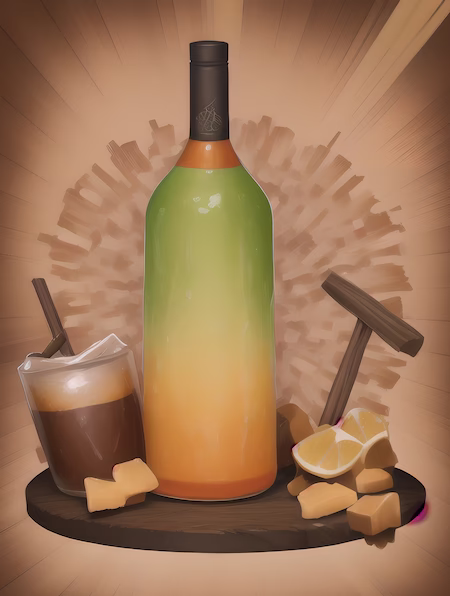Wine Bottle Filled With Brown Sryrup And Sugar Cubes On A Wooden Tray